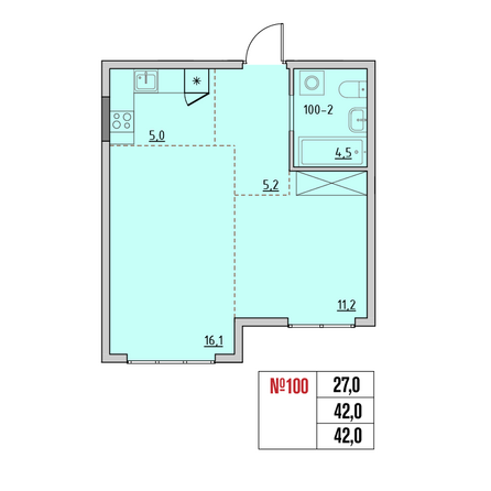 Планировка 2-комн 42 м²