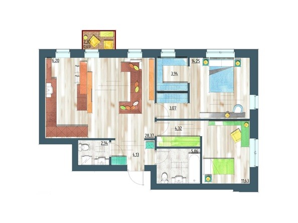 Планировка трехкомнатной квартиры 85,40 кв.м