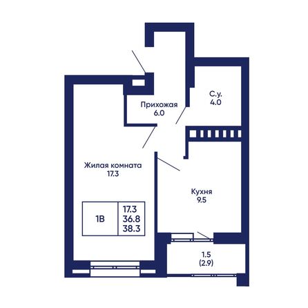 Планировка 1-комн 38,3, 38,4 м²