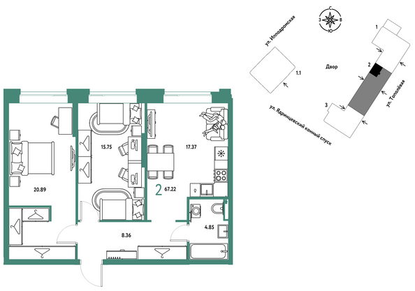 Планировка 2-комн 67,22 м²
