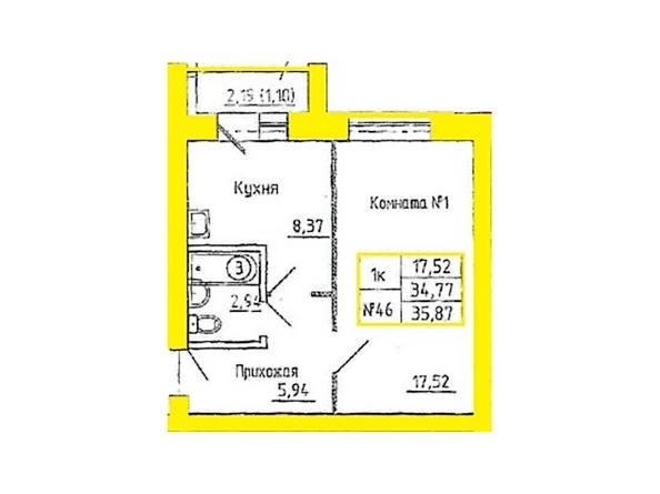 Планировка 1-комн 35,87 м²