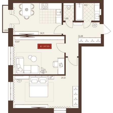 Планировка 2-комн 67,33 м²