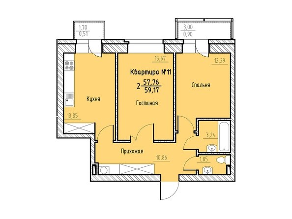 Планировка двухкомнатной квартиры 59,17 кв.м