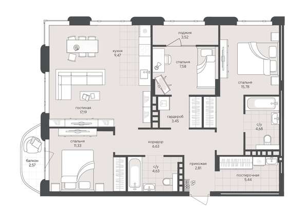 Планировка 3-комн 94,91 м²