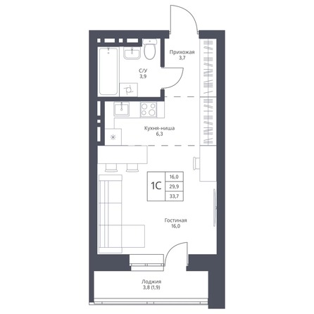 Планировка Студия 33,7 - 34,6 м²