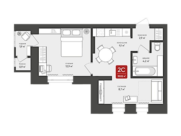 Планировка 1-комн 39,02 м²