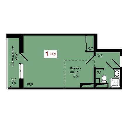 Планировка 1-комн 31,9 м²