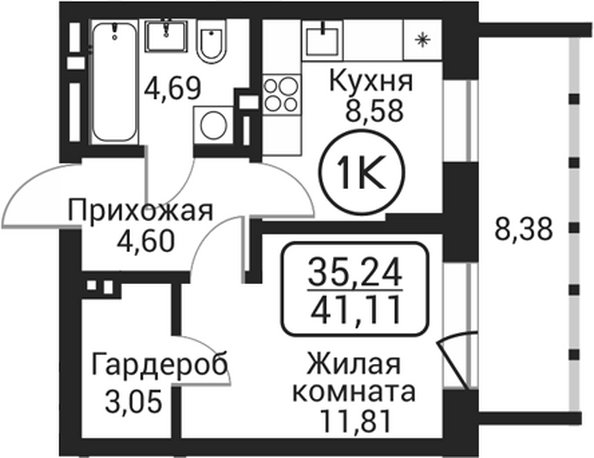 Планировка 1-комн 32,73 м²