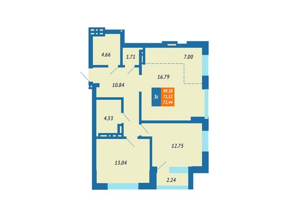 Планировка 2-комнатной квартиры 72,44 кв.м