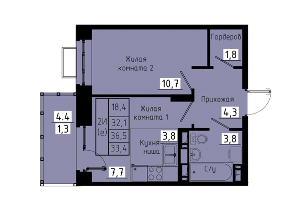 Планировка 2-комн 33,4 м²