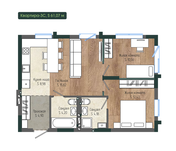 Планировка 3-комн 61,07 м²
