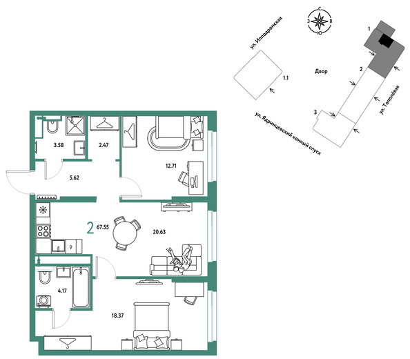 Планировка 2-комн 67,55 м²