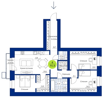Планировка 4-комн 95,8 м²