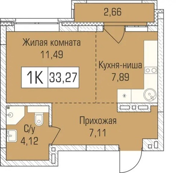 Планировка 1-комн 33,27 м²