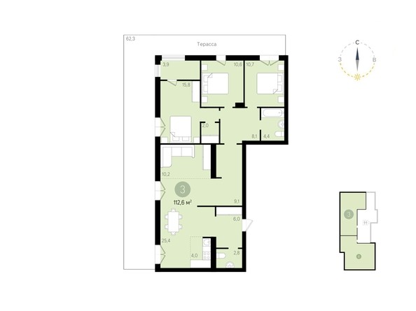 Планировка 3-комнатной квартиры 112,6 кв.м