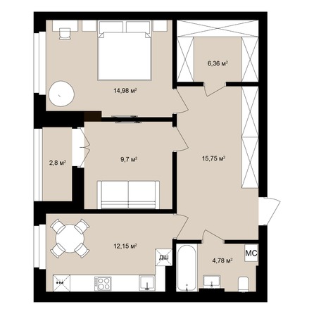 Планировка 2-комн 66,79 - 67,43 м²