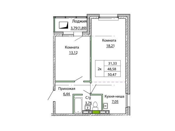 Планировка двухкомнатной квартиры 50,47 кв.м