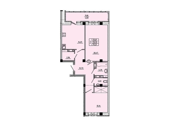 Планировка 2-комнатной квартиры 75,21 кв.м