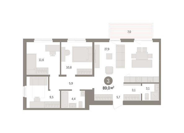 Планировка 3-комн 89 м²