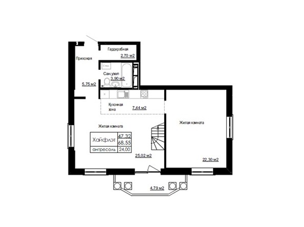 Планировка трехкомнатной квартиры 68,54 кв.м. Уровень 1