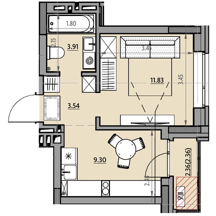 Планировка 1-комн 31,2 м²