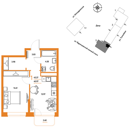 Планировка 1-комн 43,37 м²