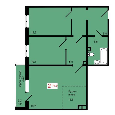Планировка 2-комн 71 м²