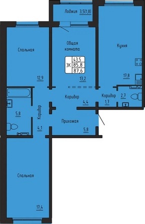Планировка 3-комн 87,6 м²