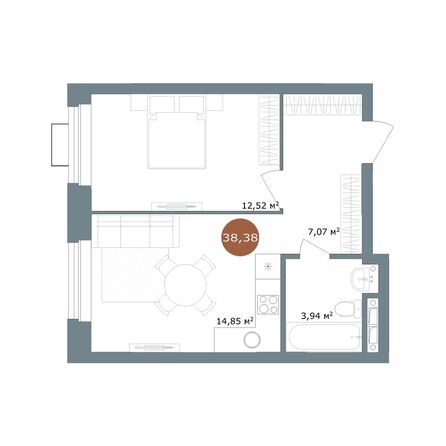 Планировка 2-комн 38,38, 39,19 м²