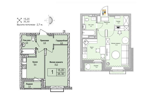 Планировка однокомнатной квартиры 35,3 кв.м
