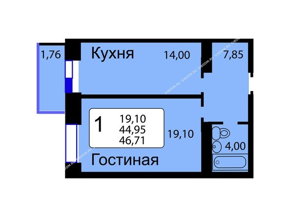 Б/С - 12. Планировка однокомнатной квартиры 46,71 кв.м. Этажи 10-16.