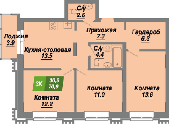 Планировка 3-комн 70,9 м²