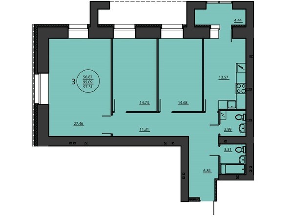 Планировка трехкомнатной квартиры 97,31 кв.м