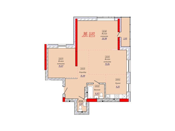 Планировка трехкомнатной квартиры 83,53 кв.м.