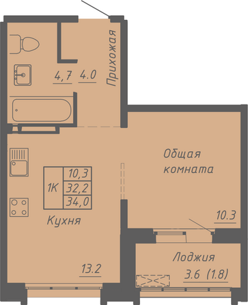 Планировка 1-комн 34, 34,1 м²