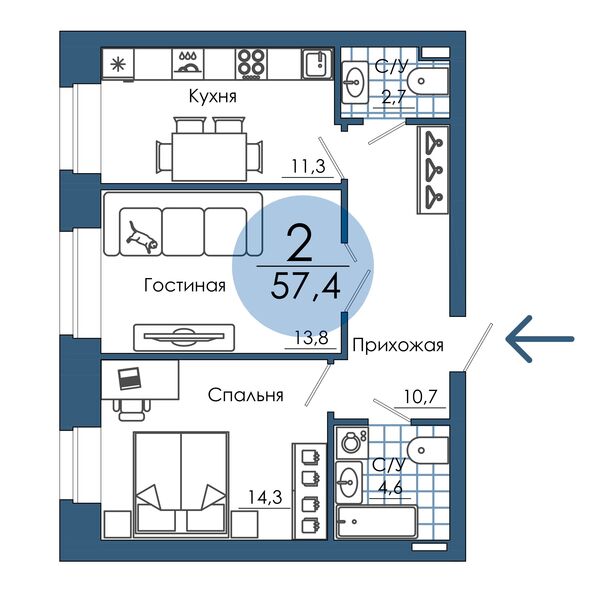 Планировка 2-комн 57,4 м²