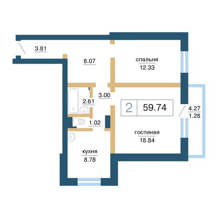 Планировка 2-комн 59,74 м²