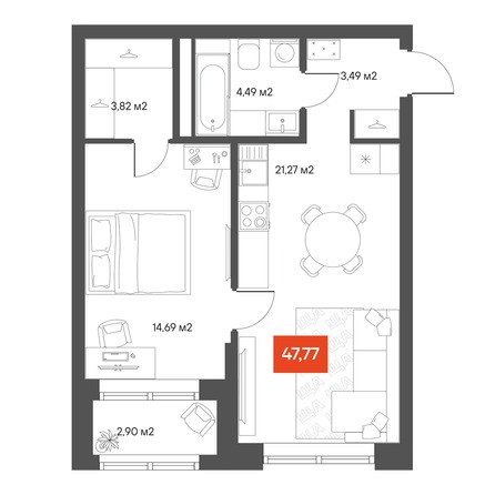 Планировка 1-комн 49,27 м²