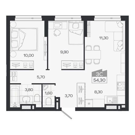 Планировка 3-комн 54,3 - 55,2 м²