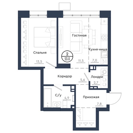 Планировка 2-комн 53 м²
