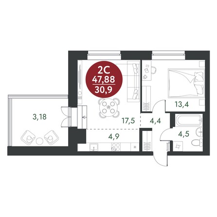 Планировка 2-комн 47,88 м²