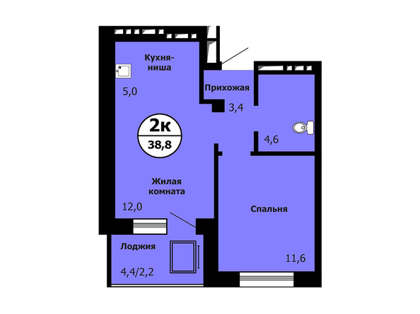 Типовая планировка 2-комнатной квартиры 38,8 кв.м