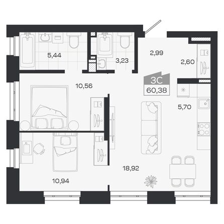 Планировка 3-комн 60,38 м²