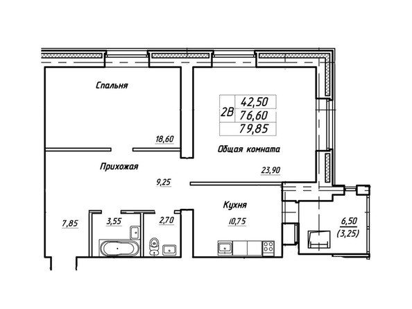 Планировка двухкомнатной квартиры 79,85 кв.м