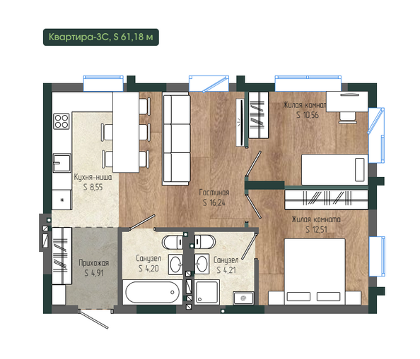 Планировка 3-комн 61,18 м²