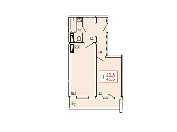 Планировка однокомнатной квартиры 43,5 кв.м. Этажи 10-16