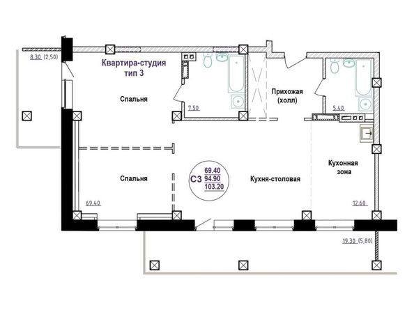 Планировка 3-комн 103 - 104,52 м²