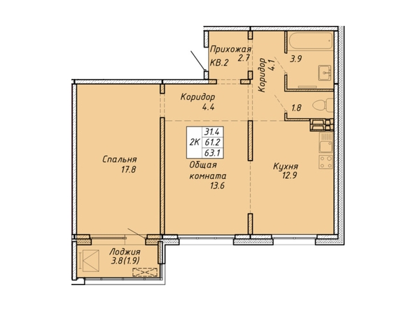 Планировка 2-комн 62,9, 63,1 м²