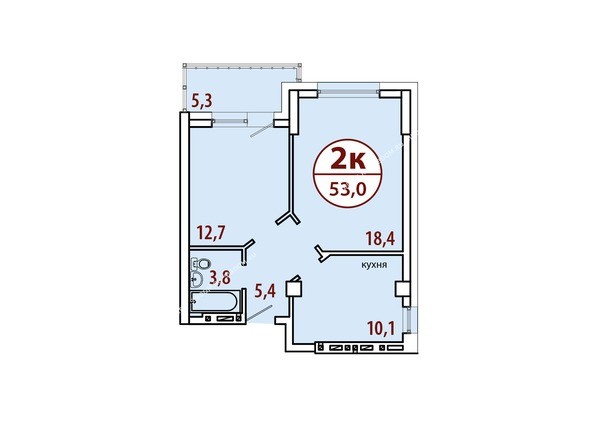Секция №2. Планировка двухкомнатной квартиры 53,0 кв.м