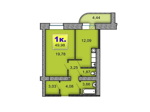 Планировка 1-комнатной квартиры 49,98 кв.м